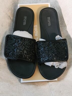Michael Kors Black Glitter Logo Slide Sandals●NIB● FIRM